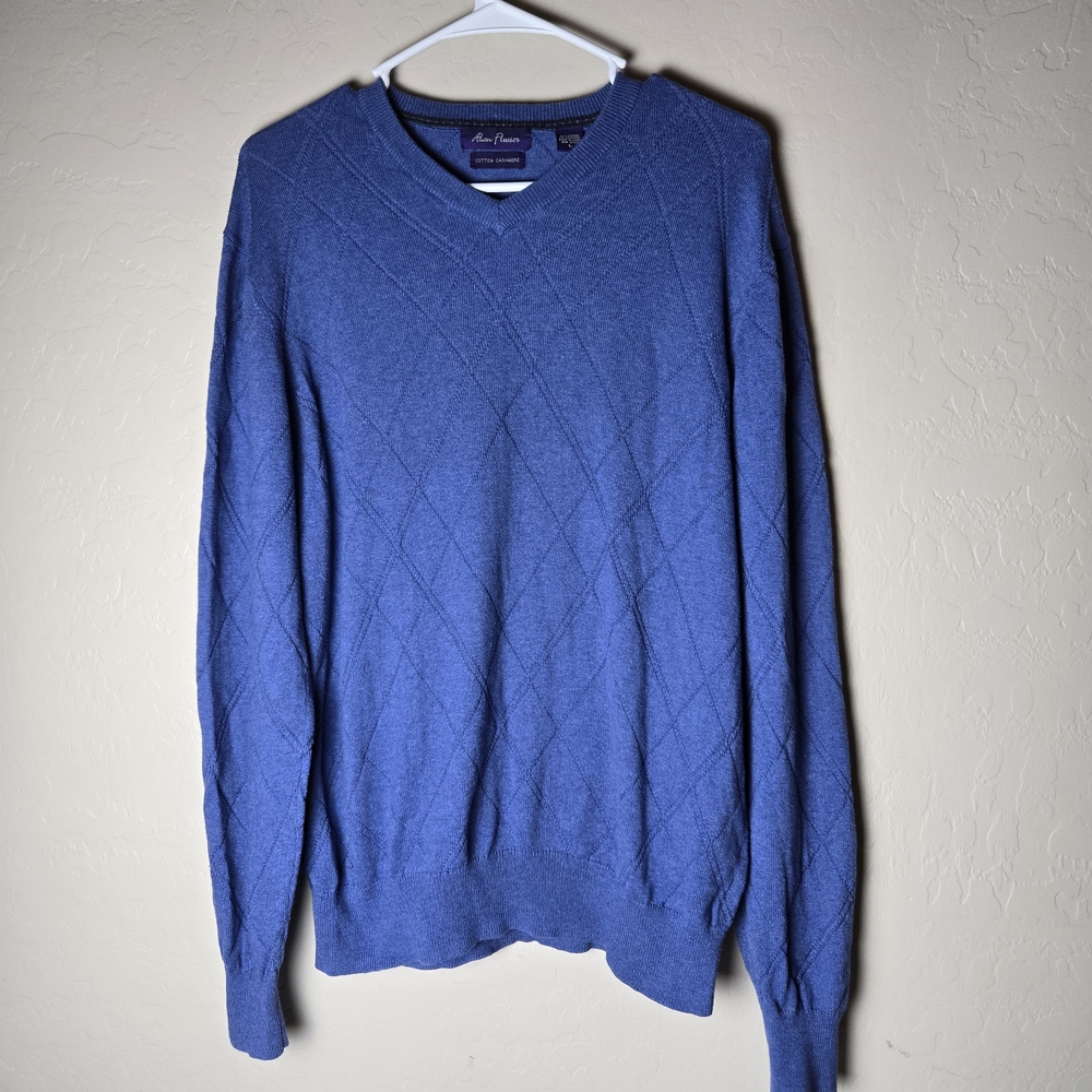 Alan Flusser Men's L Blue Textured Diamond V-Neck Cotton Cashmere Sweater